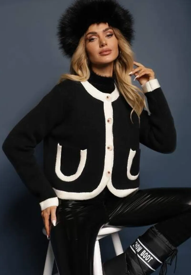 Czarny Rozpinany Klasyczny Kardigan z Wełną Senneva