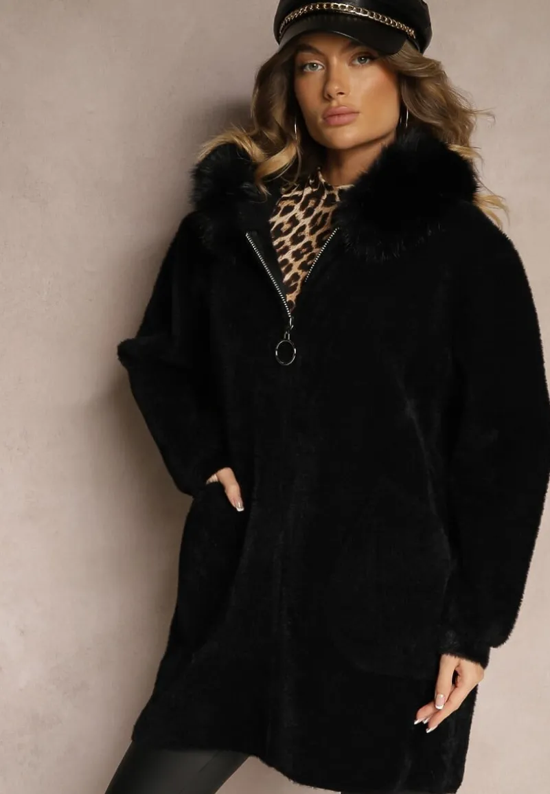 Czarny Rozpinany Płaszcz z Wiskozą Wełną i Futerkiem Xesalttia
