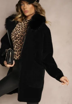 Czarny Rozpinany Płaszcz z Wiskozą Wełną i Futerkiem Xesalttia