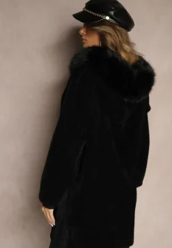 Czarny Rozpinany Płaszcz z Wiskozą Wełną i Futerkiem Xesalttia