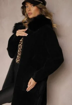 Czarny Rozpinany Płaszcz z Wiskozą Wełną i Futerkiem Xesalttia