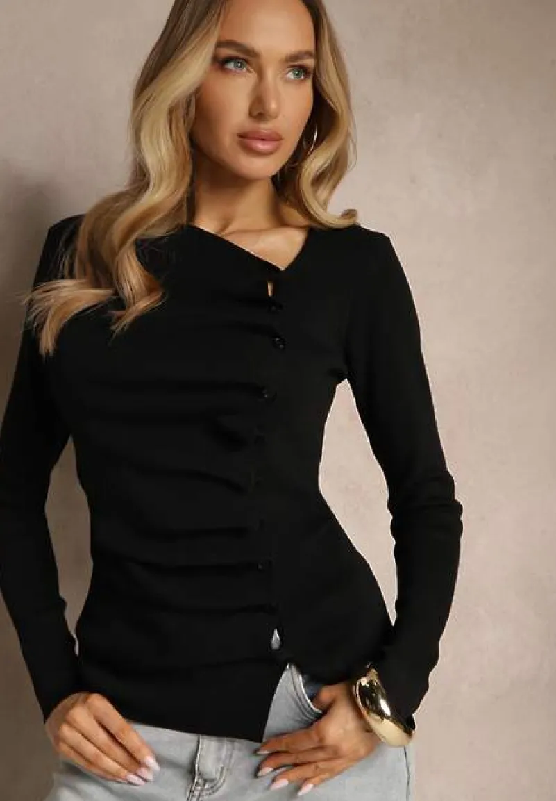 Czarny Rozpinany Wiskozowy Kardigan z Marszczeniem Olithenea