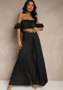 Czarny Satynowy Komplet Bufiasta Bluzka Typu Hiszpanka i Spodnie z Plisami Mevisaura