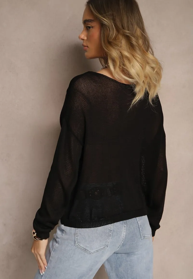 Czarny Sweter Ażurowy z Wiskozy Sanarela