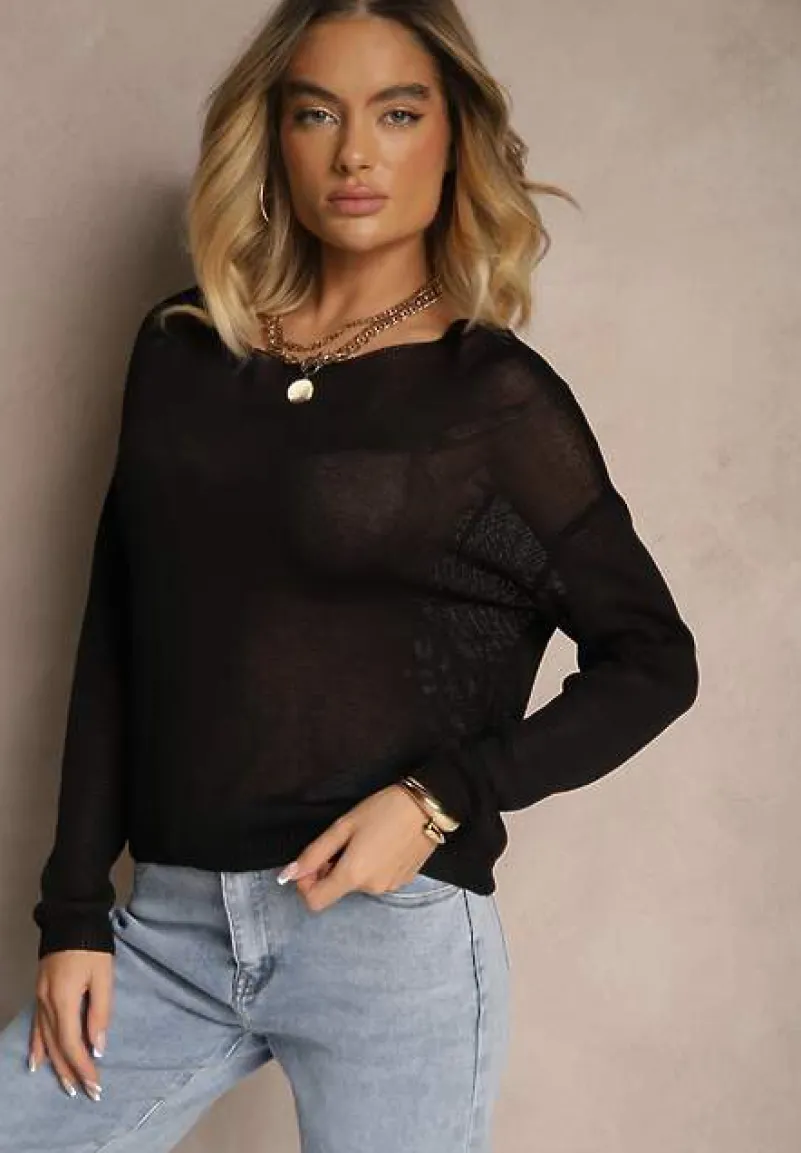 Czarny Sweter Ażurowy z Wiskozy Sanarela