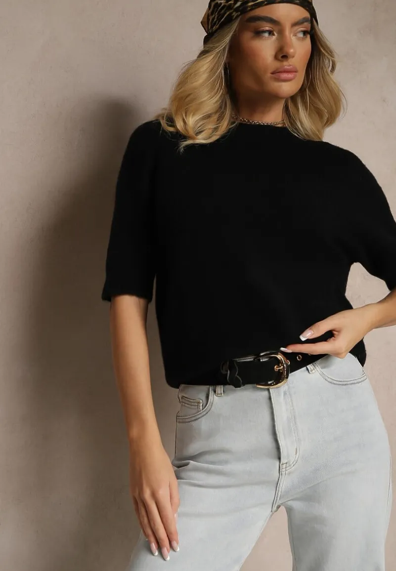 Czarny Sweter o Fasonie T-shirtu z Wełną Dannirae