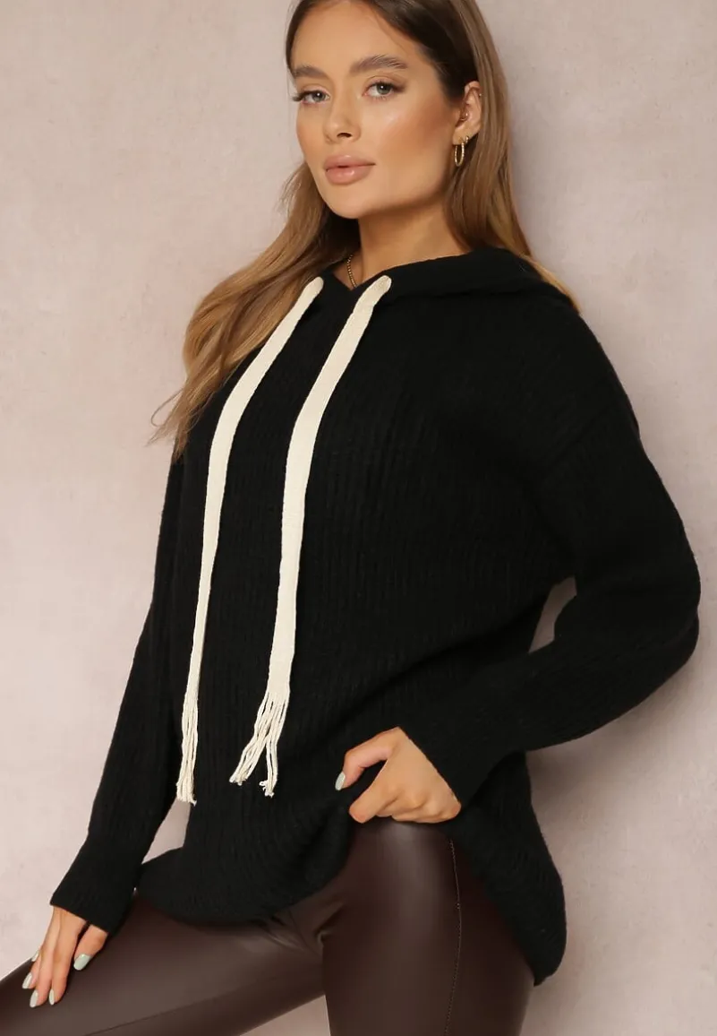 Czarny Sweter Oversize z Kapturem Ukuroa