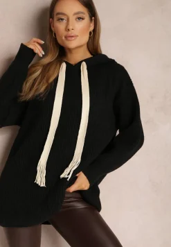 Czarny Sweter Oversize z Kapturem Ukuroa