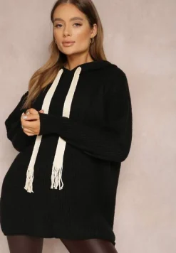 Czarny Sweter Oversize z Kapturem Ukuroa