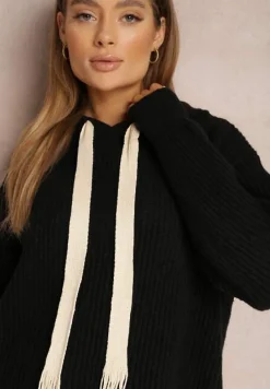 Czarny Sweter Oversize z Kapturem Ukuroa