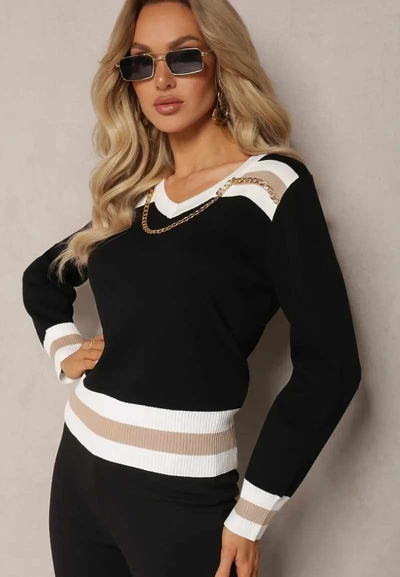 Czarny Sweter Ozdobiony Metalowym Łańcuszkiem przy Szyi ze Ściągaczami Aclitsal