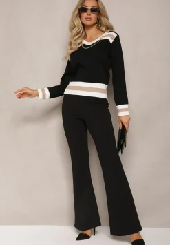 Czarny Sweter Ozdobiony Metalowym Łańcuszkiem przy Szyi ze Ściągaczami Aclitsal