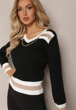 Czarny Sweter Ozdobiony Metalowym Łańcuszkiem przy Szyi ze Ściągaczami Aclitsal