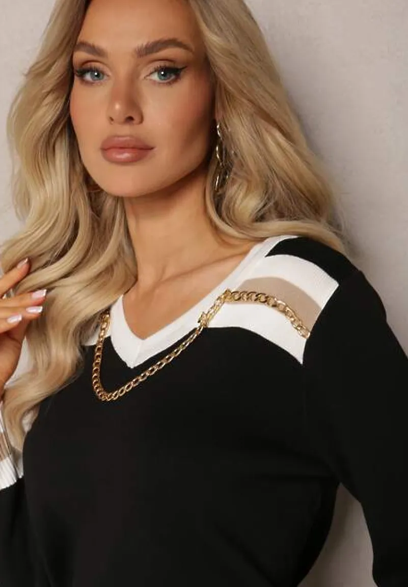 Czarny Sweter Ozdobiony Metalowym Łańcuszkiem przy Szyi ze Ściągaczami Aclitsal