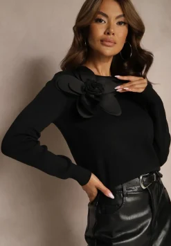 Czarny Sweter z Dodatkiem Wiskozy Wykończony Ściągaczami i Kwiatem 3D Evilias