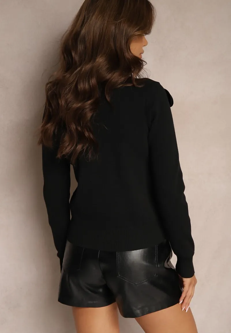 Czarny Sweter z Dodatkiem Wiskozy Wykończony Ściągaczami i Kwiatem 3D Evilias