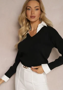 Czarny Sweter z Długimi Rękawami i Koszulową Wstawką z Kołnierzykiem Aptivea