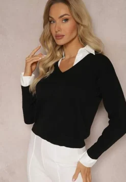 Czarny Sweter z Długimi Rękawami i Koszulową Wstawką z Kołnierzykiem Aptivea