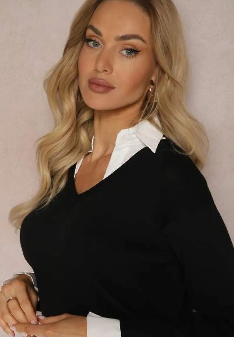 Czarny Sweter z Długimi Rękawami i Koszulową Wstawką z Kołnierzykiem Aptivea