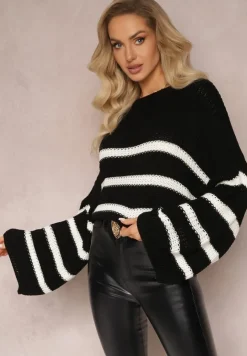 Czarny Sweter z Dzianiny w Paski z Obszernymi Rękawami Gotara