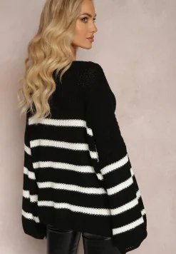 Czarny Sweter z Dzianiny w Paski z Obszernymi Rękawami Gotara