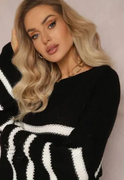 Czarny Sweter z Dzianiny w Paski z Obszernymi Rękawami Gotara