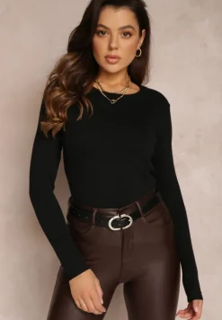 Czarny Sweter z Okrągłym Dekoltem Gładki Oldruze