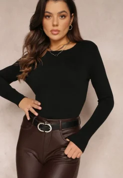 Czarny Sweter z Okrągłym Dekoltem Gładki Oldruze