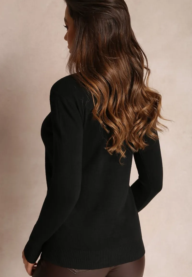 Czarny Sweter z Okrągłym Dekoltem Gładki Oldruze