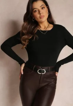 Czarny Sweter z Okrągłym Dekoltem Gładki Oldruze