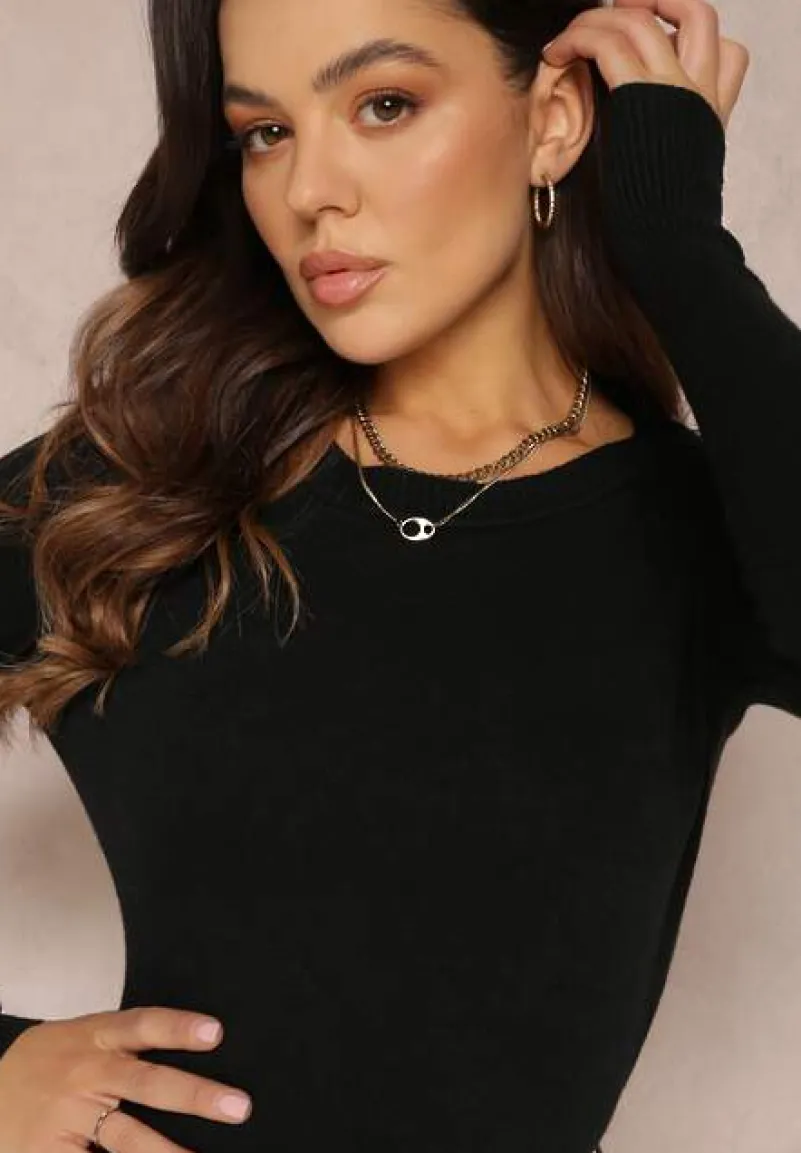 Czarny Sweter z Okrągłym Dekoltem Gładki Oldruze