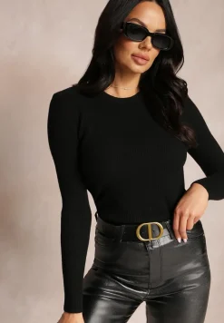 Czarny Sweter z Okrągłym Dekoltem Prążkowany Yuve