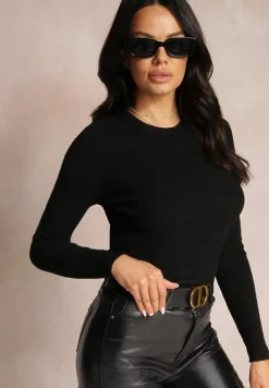 Czarny Sweter z Okrągłym Dekoltem Prążkowany Yuve