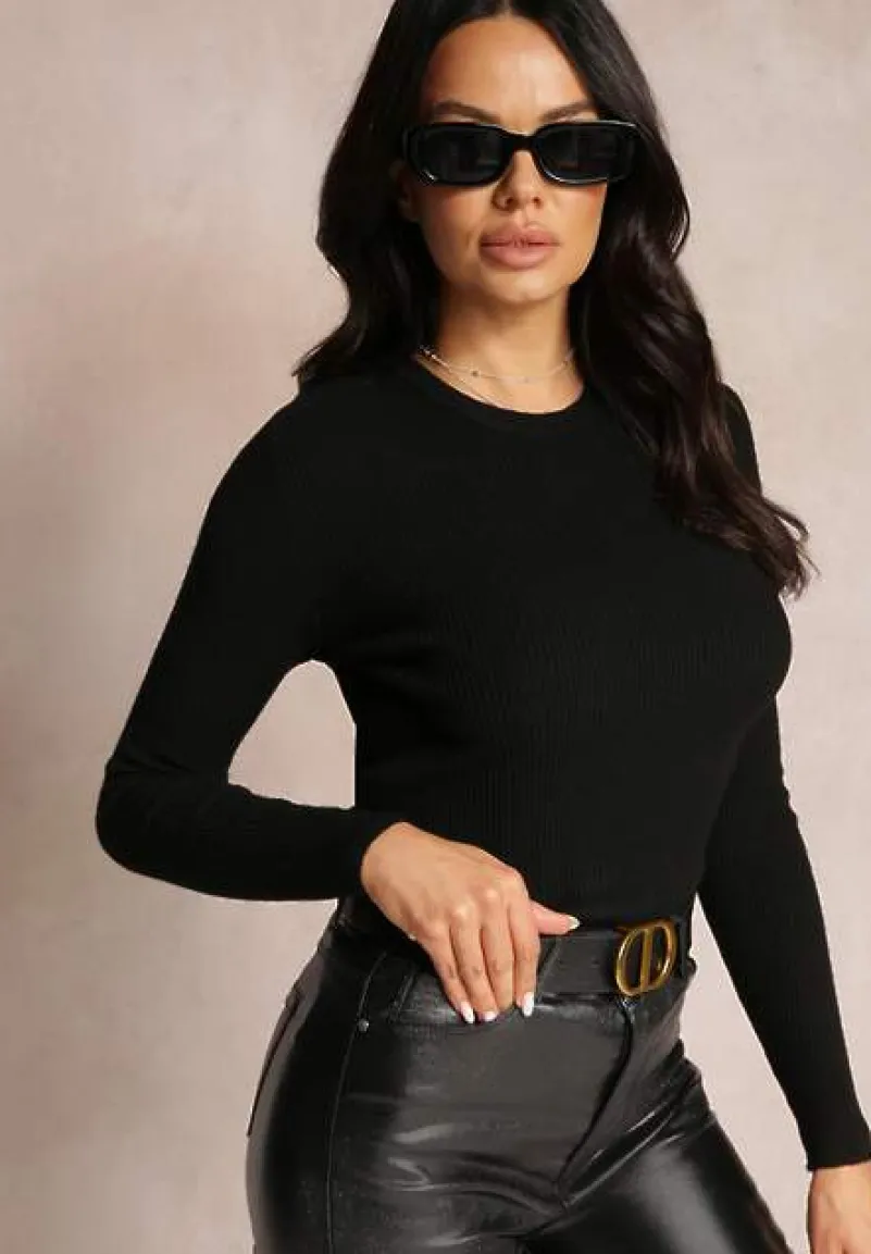 Czarny Sweter z Okrągłym Dekoltem Prążkowany Yuve