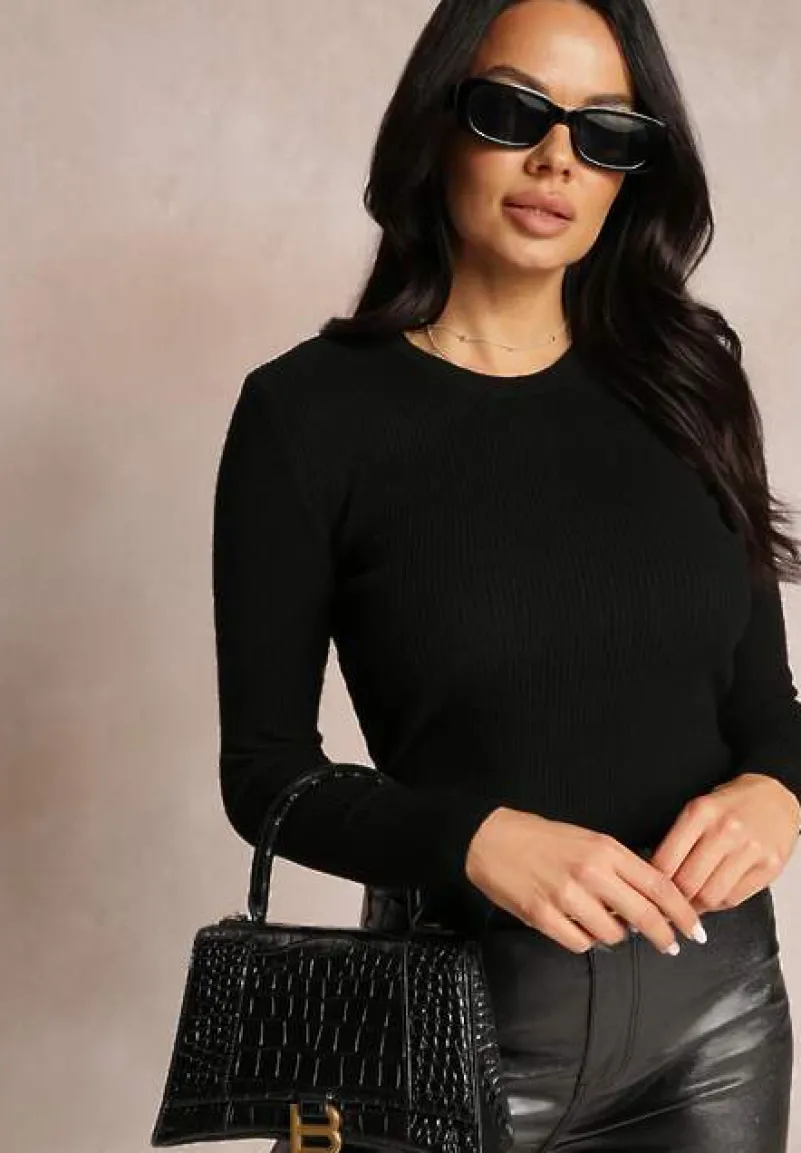 Czarny Sweter z Okrągłym Dekoltem Prążkowany Yuve