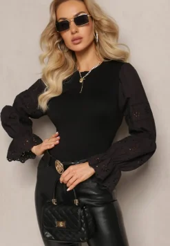 Czarny Sweter z Ozdobnym Haftem i Ażurowym Rękawem Anulika