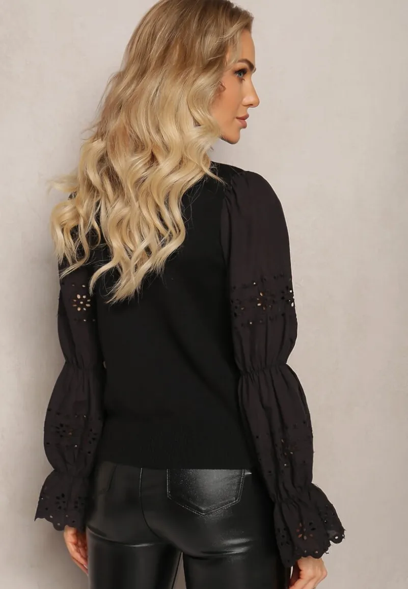 Czarny Sweter z Ozdobnym Haftem i Ażurowym Rękawem Anulika