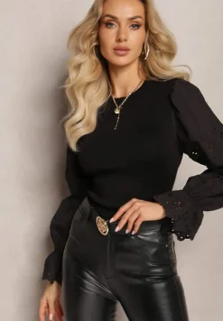 Czarny Sweter z Ozdobnym Haftem i Ażurowym Rękawem Anulika