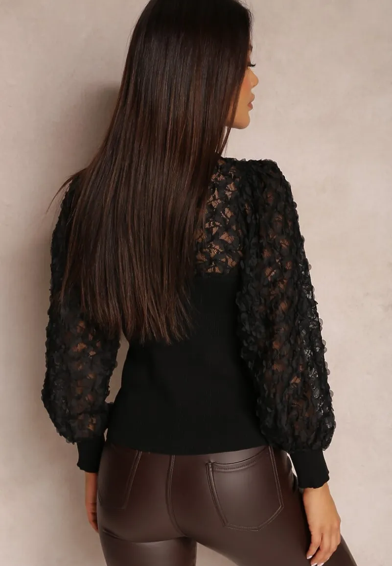 Czarny Sweter z Prążkowanej Dzianiny z Koronką Ule