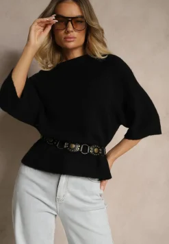 Czarny Sweter z Rękawami 3/4 z Wełną Dannalin