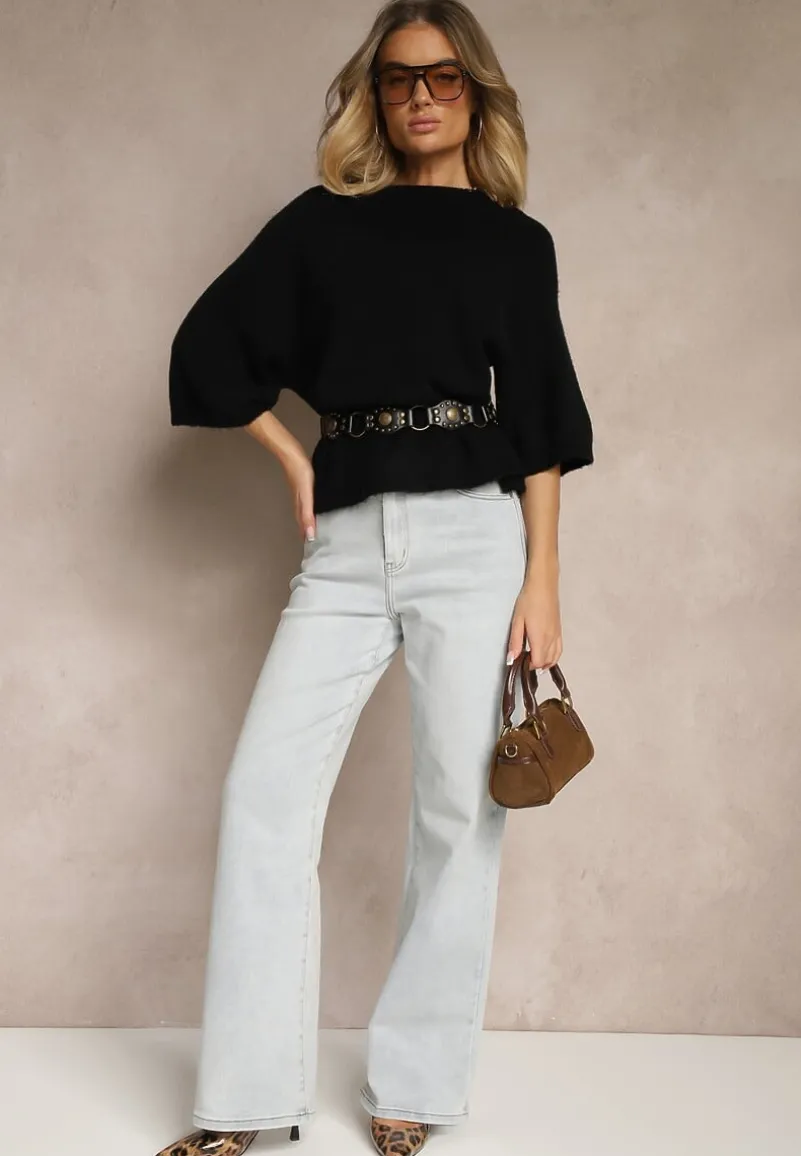 Czarny Sweter z Rękawami 3/4 z Wełną Dannalin