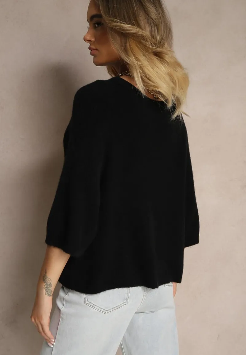 Czarny Sweter z Rękawami 3/4 z Wełną Dannalin