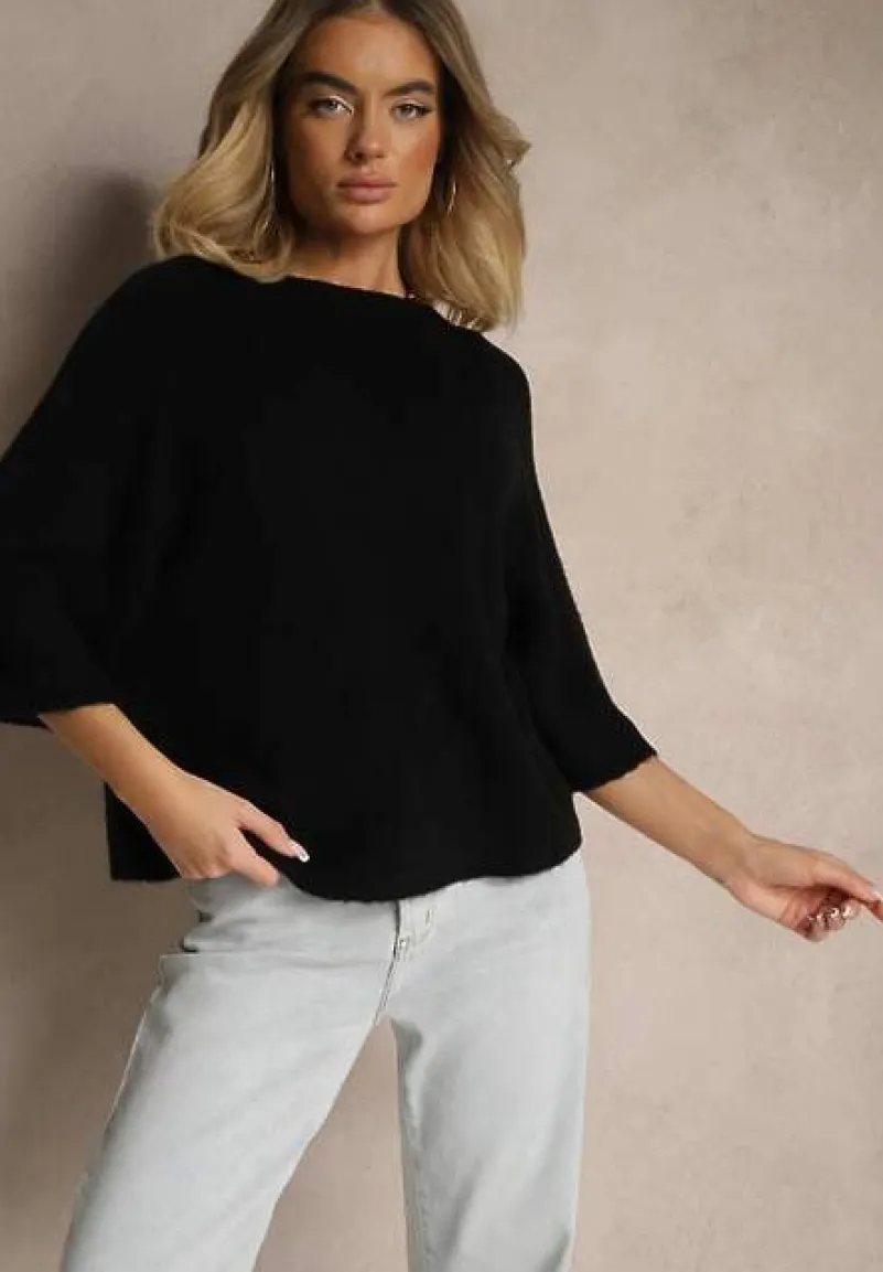 Czarny Sweter z Rękawami 3/4 z Wełną Dannalin