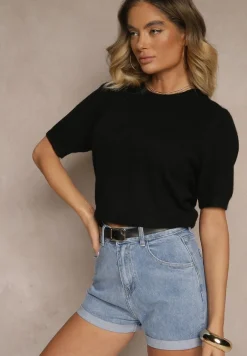 Czarny Sweter z Wełną Krótkim Rękawem Ozdobiony Ściągaczami Emiralin