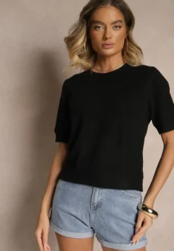 Czarny Sweter z Wełną Krótkim Rękawem Ozdobiony Ściągaczami Emiralin