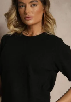 Czarny Sweter z Wełną Krótkim Rękawem Ozdobiony Ściągaczami Emiralin