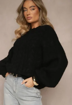 Czarny Sweter z Wełną o Eleganckim Warkoczowym Splotem Makkaria