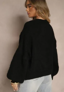 Czarny Sweter z Wełną o Eleganckim Warkoczowym Splotem Makkaria