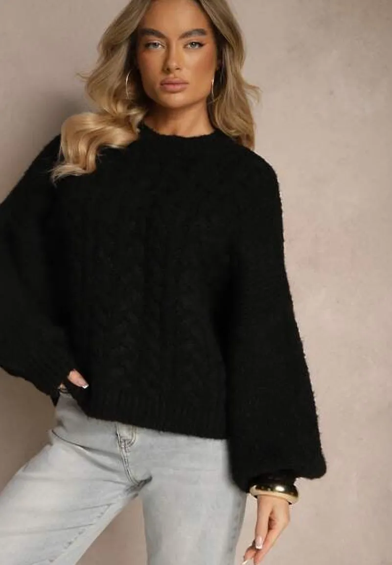 Czarny Sweter z Wełną o Eleganckim Warkoczowym Splotem Makkaria
