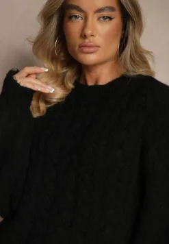 Czarny Sweter z Wełną o Eleganckim Warkoczowym Splotem Makkaria